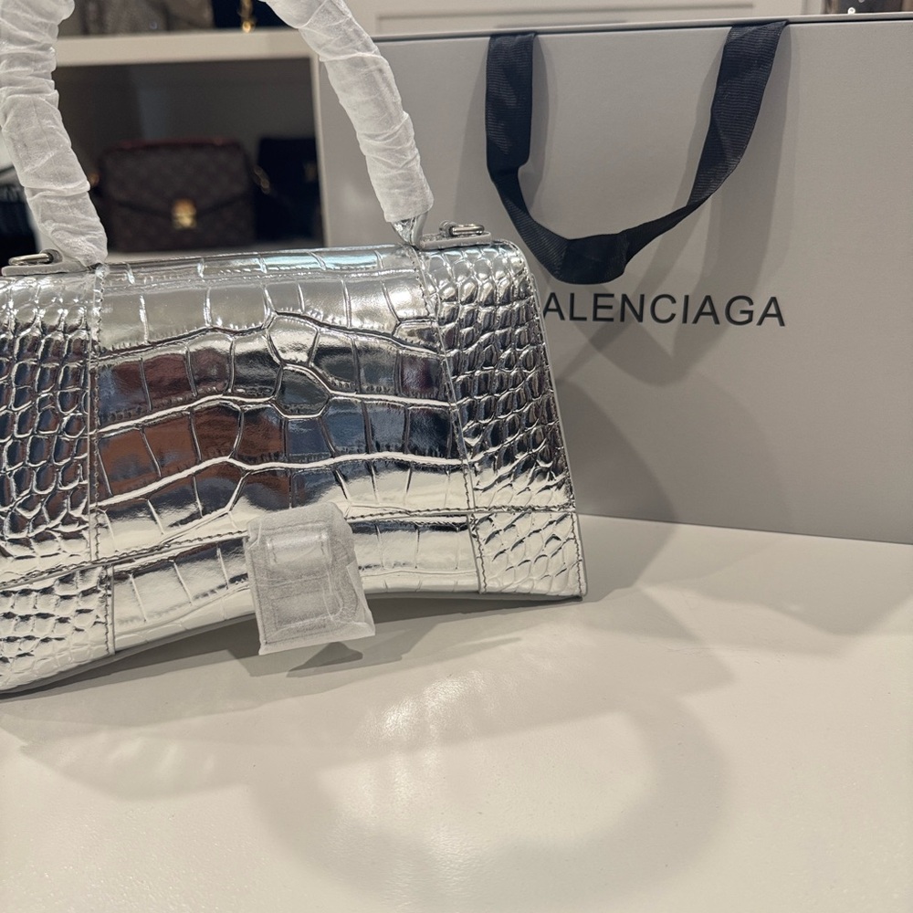 Balenciaga Silver Croc-Embossed Satchel